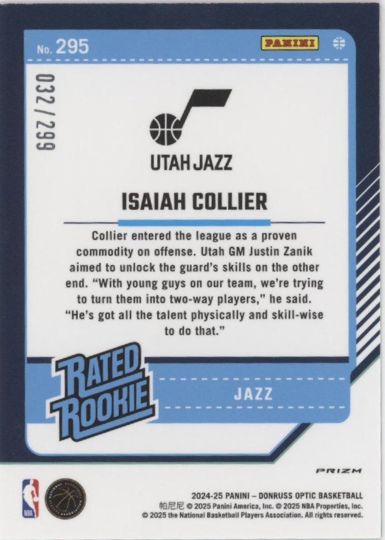 Isaiah Collier 2024-25 Donruss Optic Rated Rookie Red Lazer Prizm RC 032/299