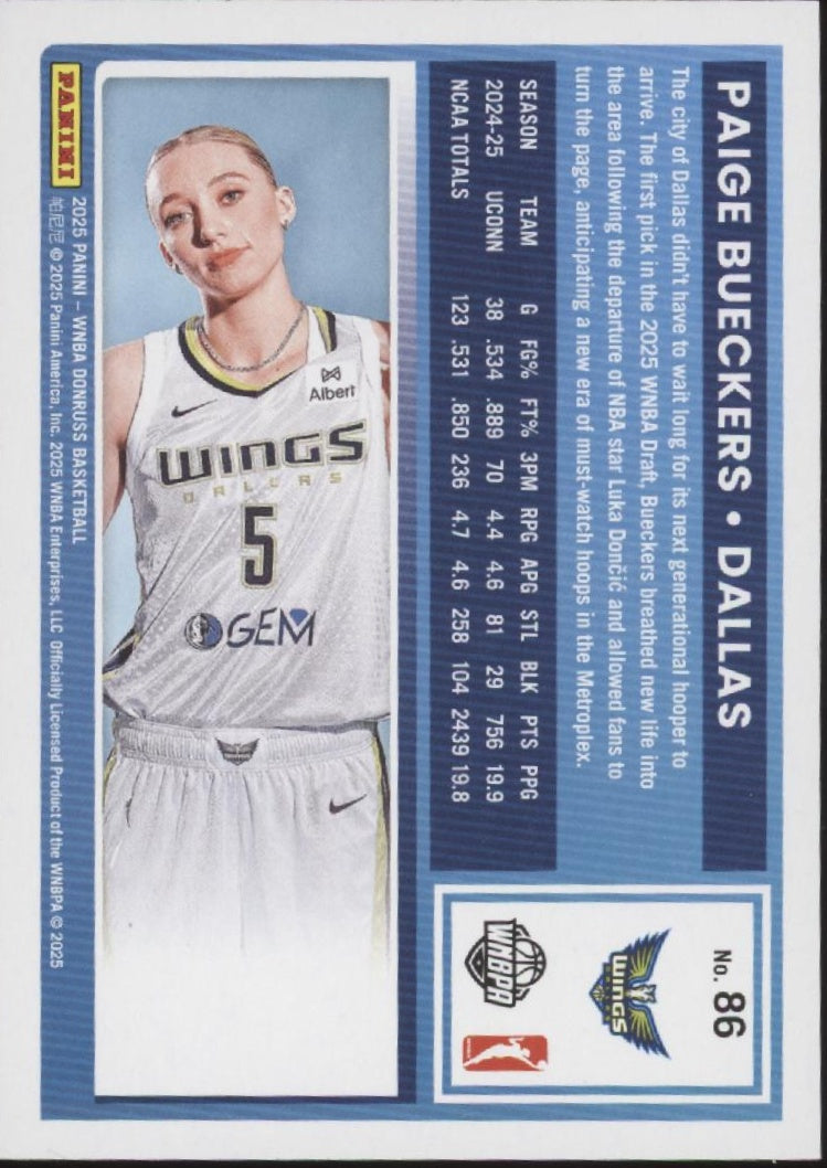 Paige Bueckers 2025 Panini WNBA Donruss Rated Rookie RC #86