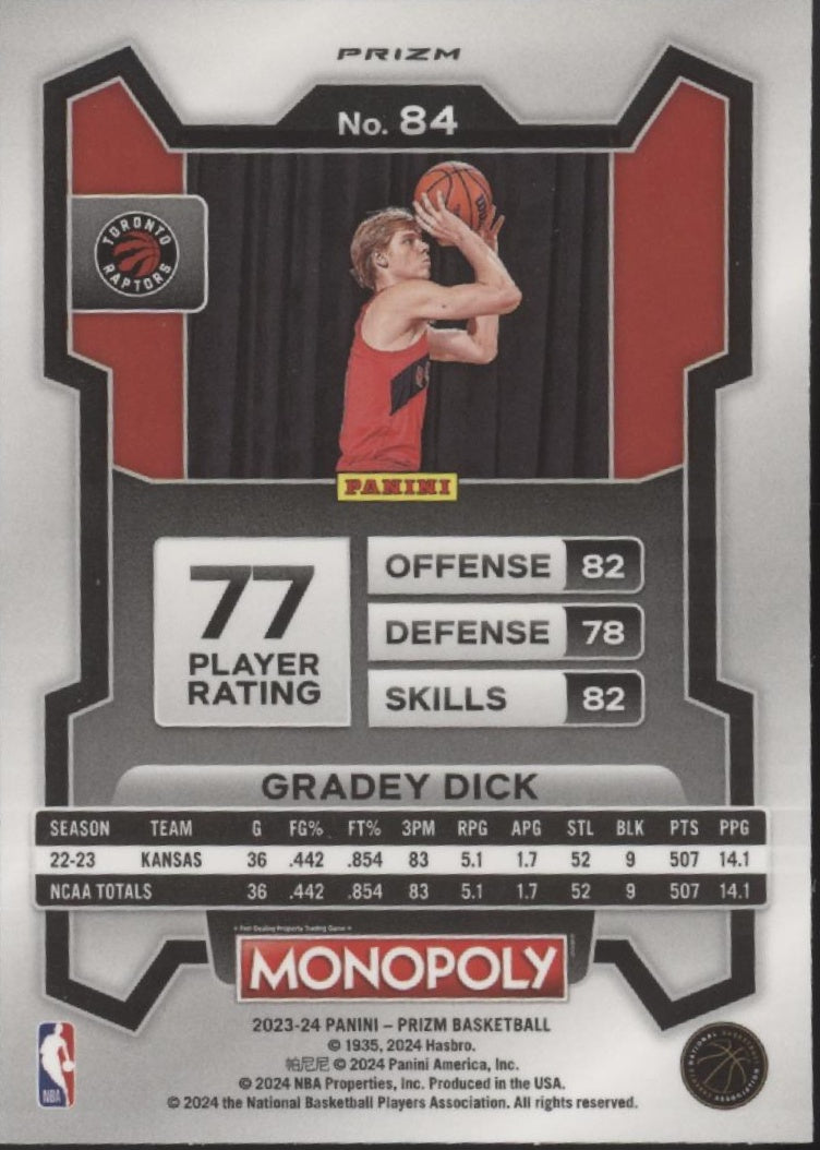 Gradey Dick 2023-24 Panini Prizm Monopoly White Fast Break Prizm RC #84