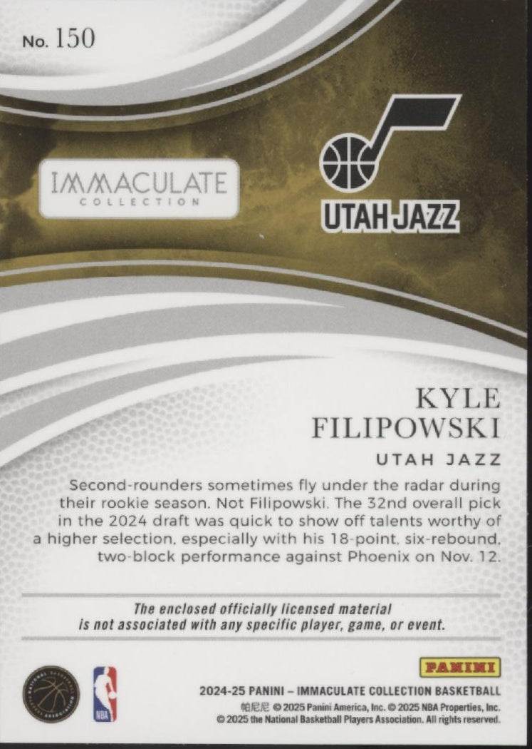 Kyle Filipowski 2024-25 Panini Immaculate Collection Blue Swatch RC 45/49 #150
