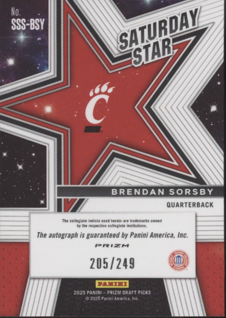 Brendan Sorsby 2025 Prizm Rated Prospect Saturday Star Blue Prizm Auto 205/249