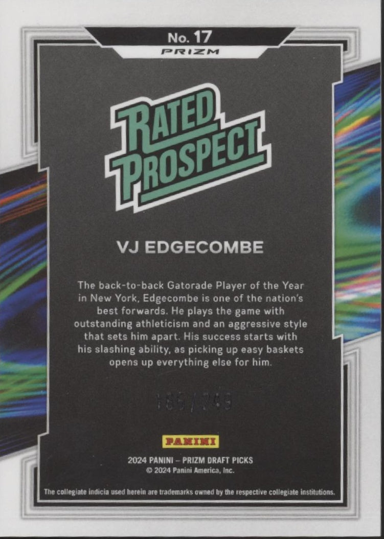 VJ Edgecombe 2024 Prizm Draft Picks Rated Prospect Blue Wave Prizm 165/249 #1