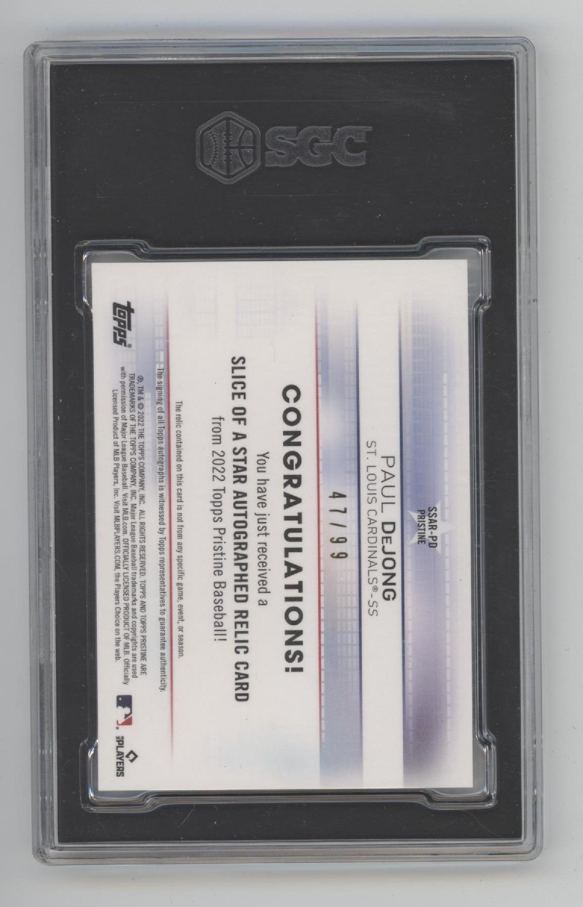 Paul DeJong 2022 Pristine Slice of a Star Swatch Refractor /99 SGC 10 / 10 Auto