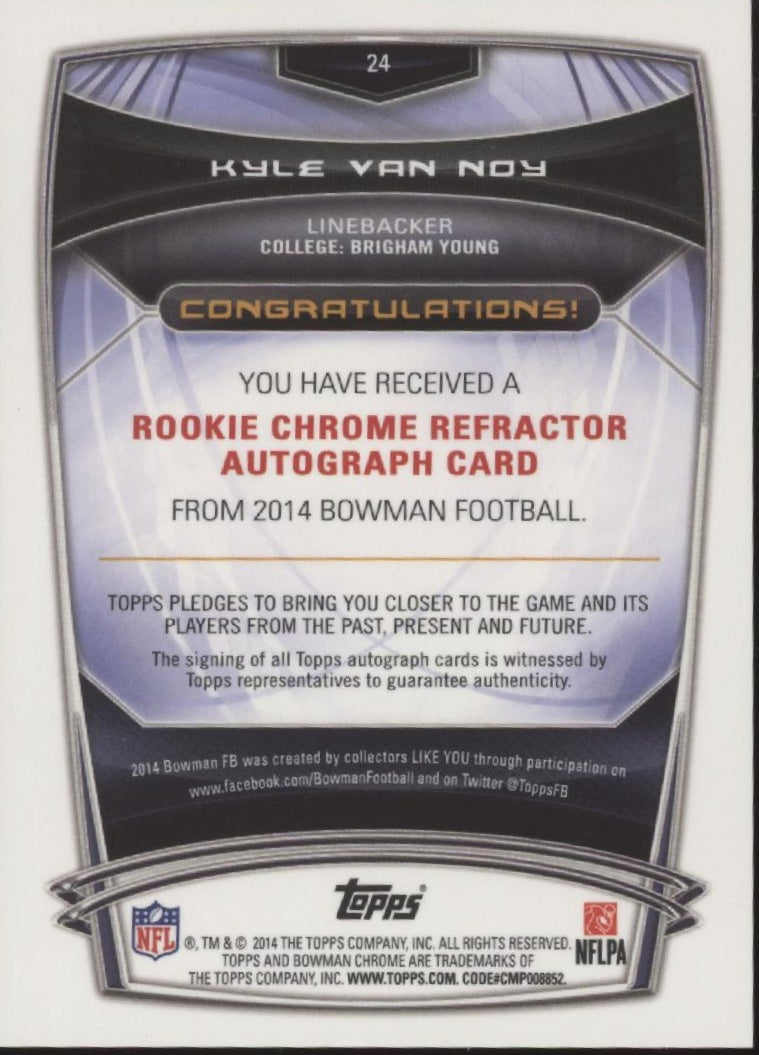 Kyle Van Noy 2014 Bowman Chrome Orange Refractor RC Auto 14/50 #24