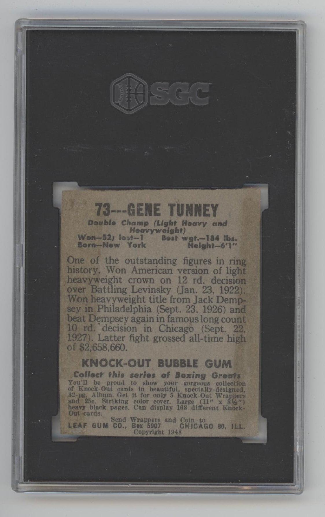Gene Tunney 1948 Leaf #73 SGC Authentic (Evidence of Trimming)