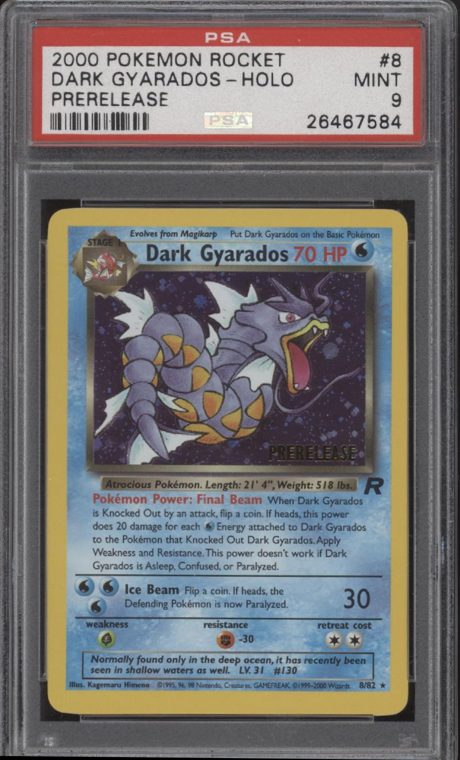 Dark Gyarados Pokemon Team Rocket Prerelease Holo #8 PSA 9 Dark Gyarados Pokemon Team Rocket Prerelease Holo #8 PSA 9