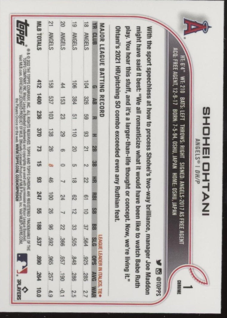Shohei Ohtani 2022 Topps Chrome Black & White Ray Wave Refractor #1