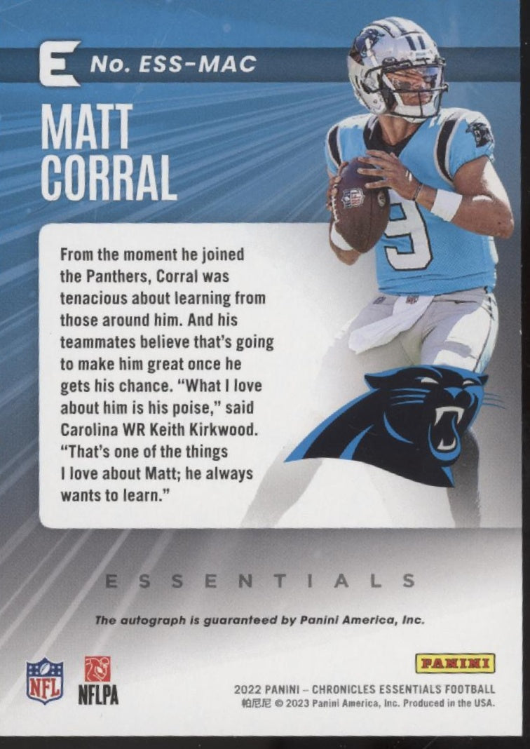 Matt Corral 2022 Panini Chronicles Essentials RC Auto #ESS-MAC