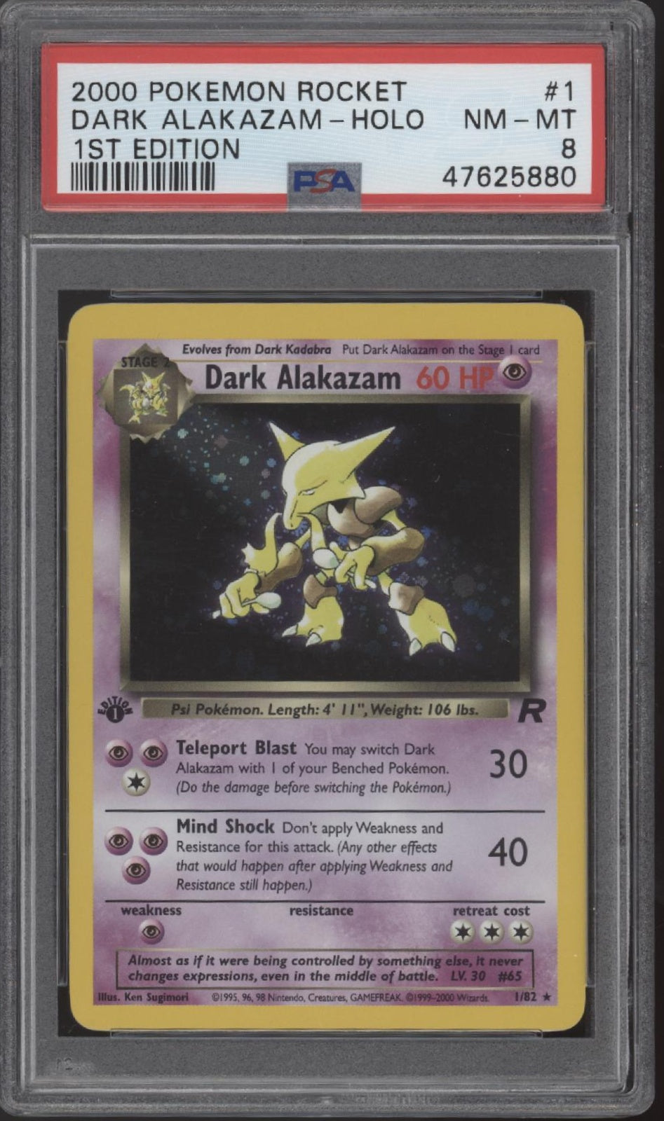 first edition alakazam pokemon card Dark Alakazam Pokemon Team Rocket Holo 1st Edition #1 PSA 8