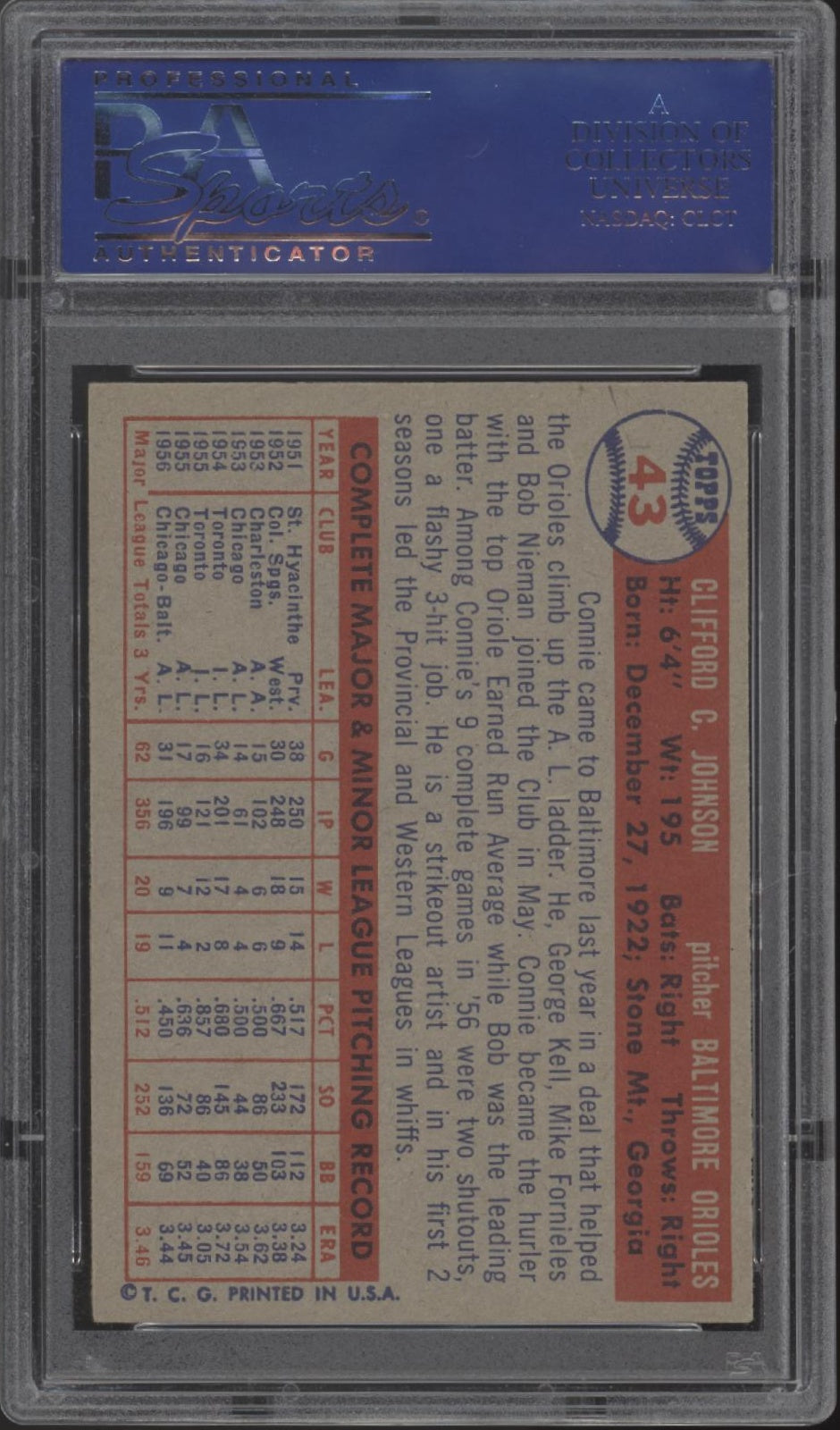 Connie Johnson 1957 Topps #43 PSA 7