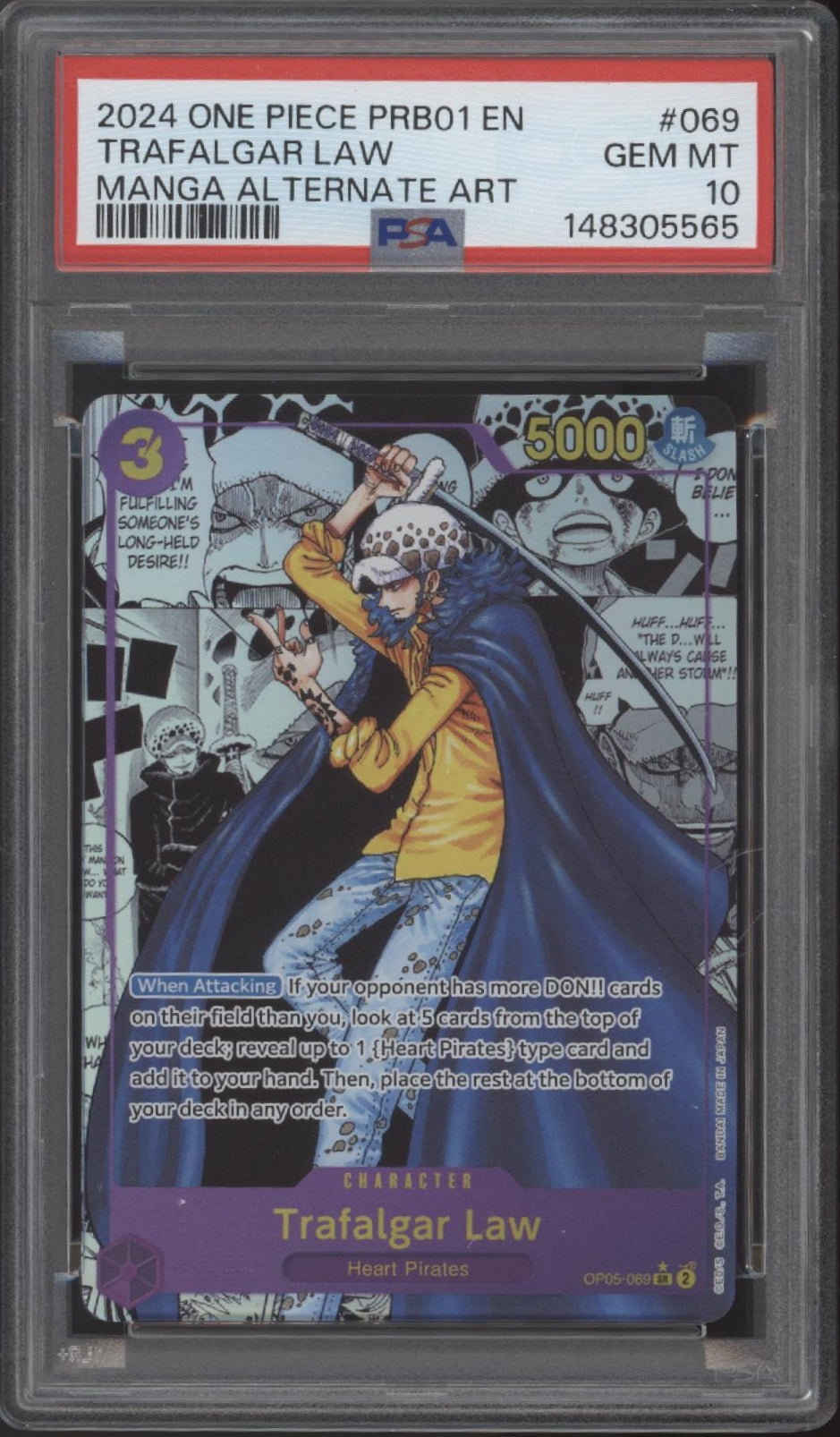 Trafalgar Law One Piece Card Game PRB01 Manga Alternate Art #069 PSA 10 Trafalgar Law One Piece Card Game PRB01 Manga Alternate Art #069 PSA 10