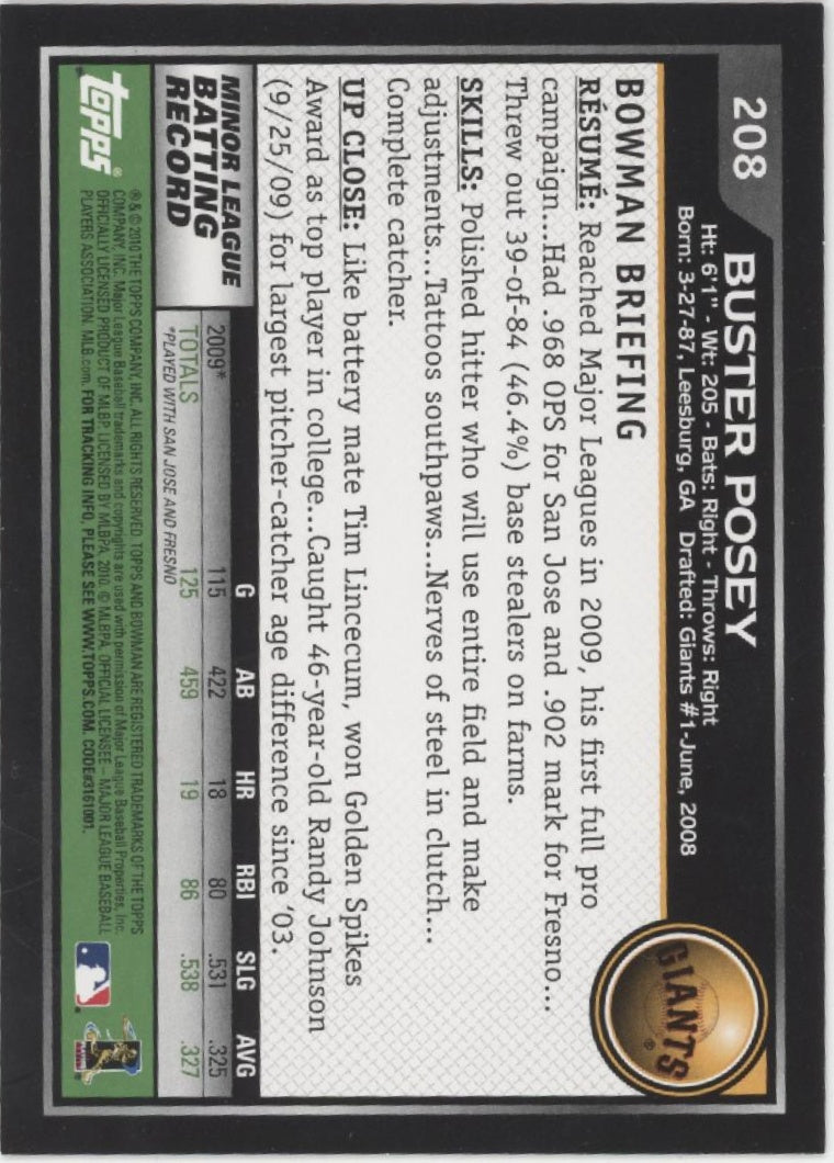 Buster Posey 2010 Bowman Black Border RC #208
