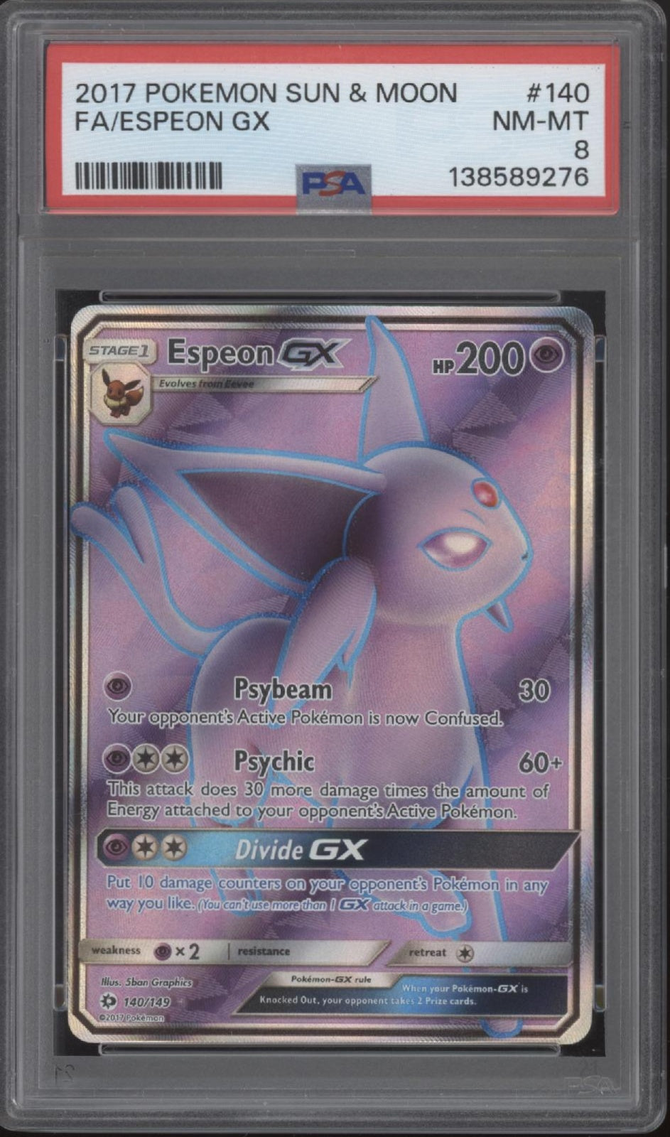 Espeon GX Pokemon Sun & Moon Full Art #140 PSA 8 Espeon GX Pokemon Sun & Moon Full Art #140 PSA 8