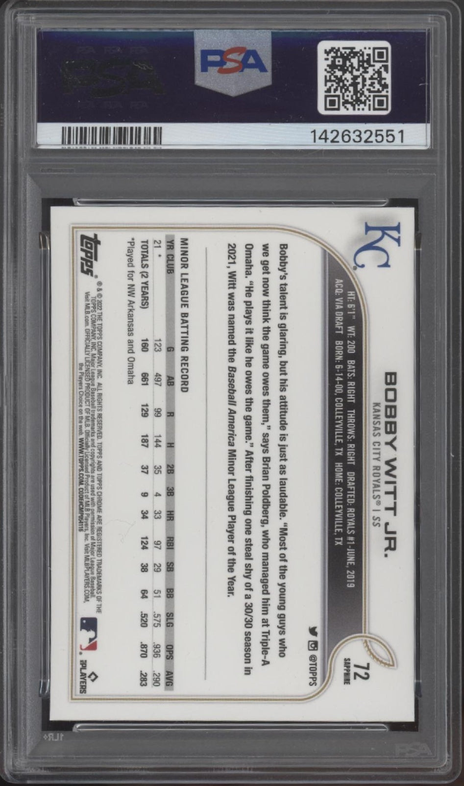 Bobby Witt Jr. 2022 Topps Chrome Sapphire Edition RC #72 PSA 10