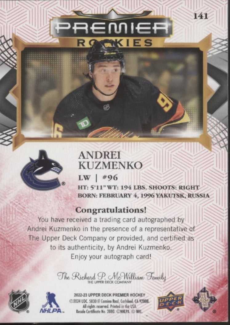 Andrei Kuzmenko 2022-23 Upper Deck Premier Rookies RC Auto #141