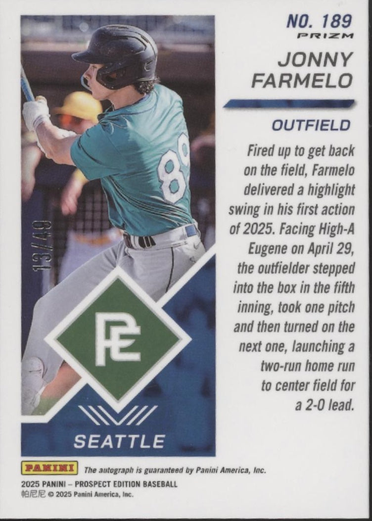 Jonny Farmelo 2025 Panini Prospect Edition Scope Prizm Auto 13/49 #189