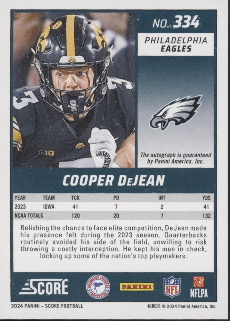Cooper DeJean 2024 Panini Score Green RC Auto #334