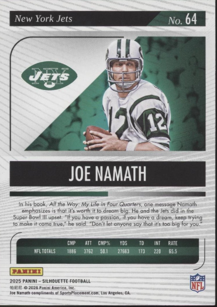 Joe Namath 2025 Panini Silhouette Pink 01/35 #64