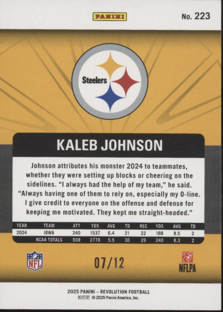 Kaleb Johnson 2025 Panini Revolution Green RC 07/12 #223