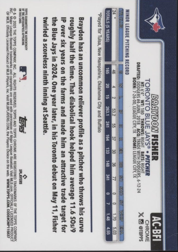 Braydon Fisher 2025 Topps Chrome Blue Refractor RC Auto 147/150 #AC-BF1