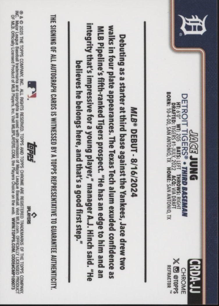 Jace Jung 2025 Topps Chrome Refractor RC Auto 196/499 #CRDA-JJ