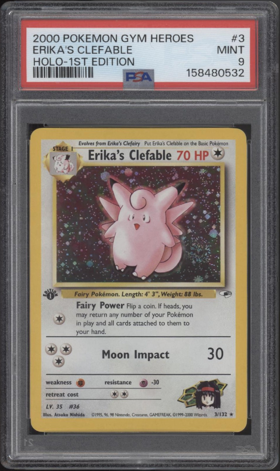 clefable holographic pokemon card 2002 Nintendo Expedition Clefable-Holo Retreat Cost Erika's Clefable Pokemon Gym Heroes