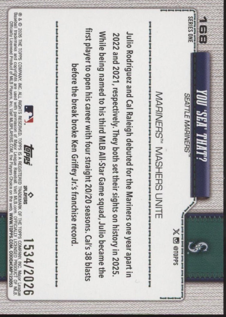 You 'Sea' That? 2026 Topps Series 1 Seattle Mariners 1534/2026 #168