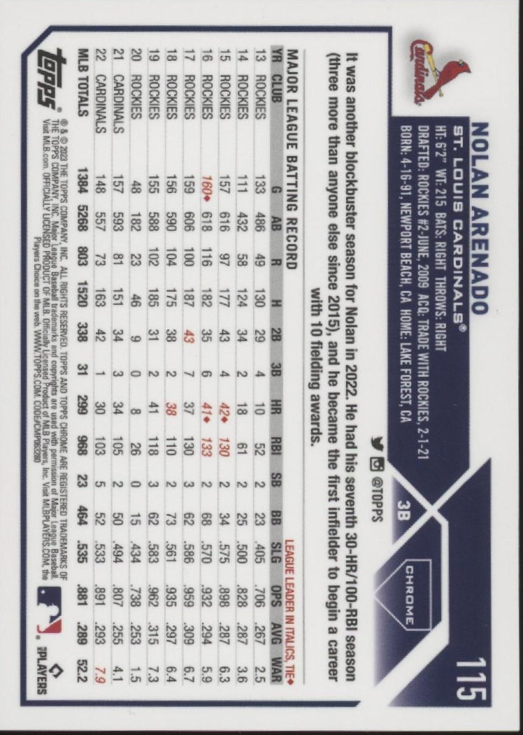 Nolan Arenado 2023 Topps Chrome Gold Logo Refractor 62/75 #115