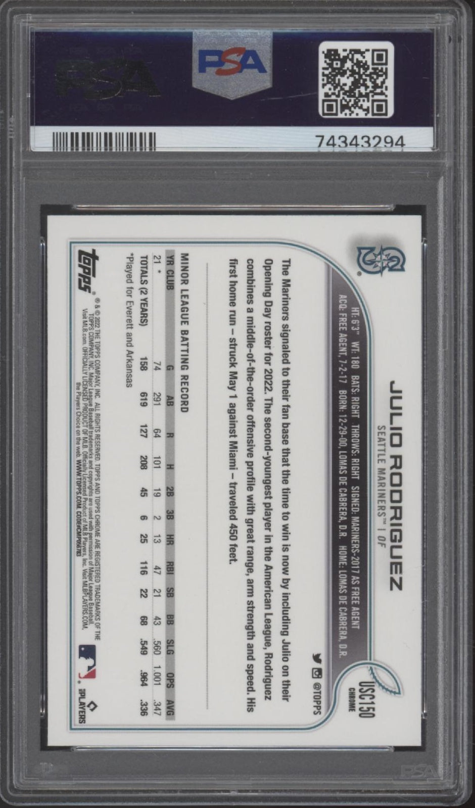 Julio Rodriguez 2022 Topps Chrome Update RC #USC150 PSA 10