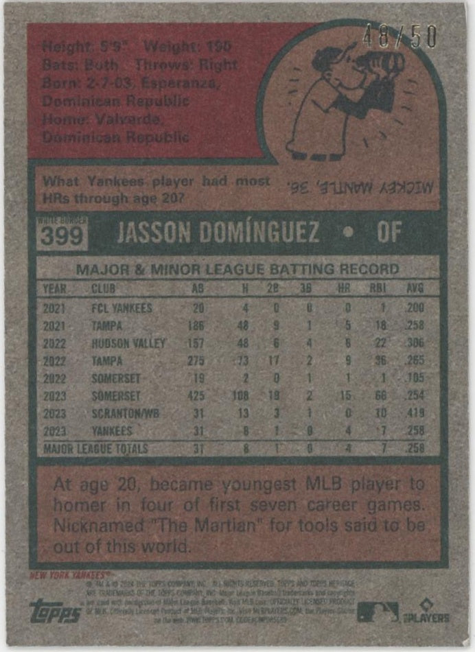 Jasson Dominguez 2024 Topps Heritage Mini Black RC 48/50 #399