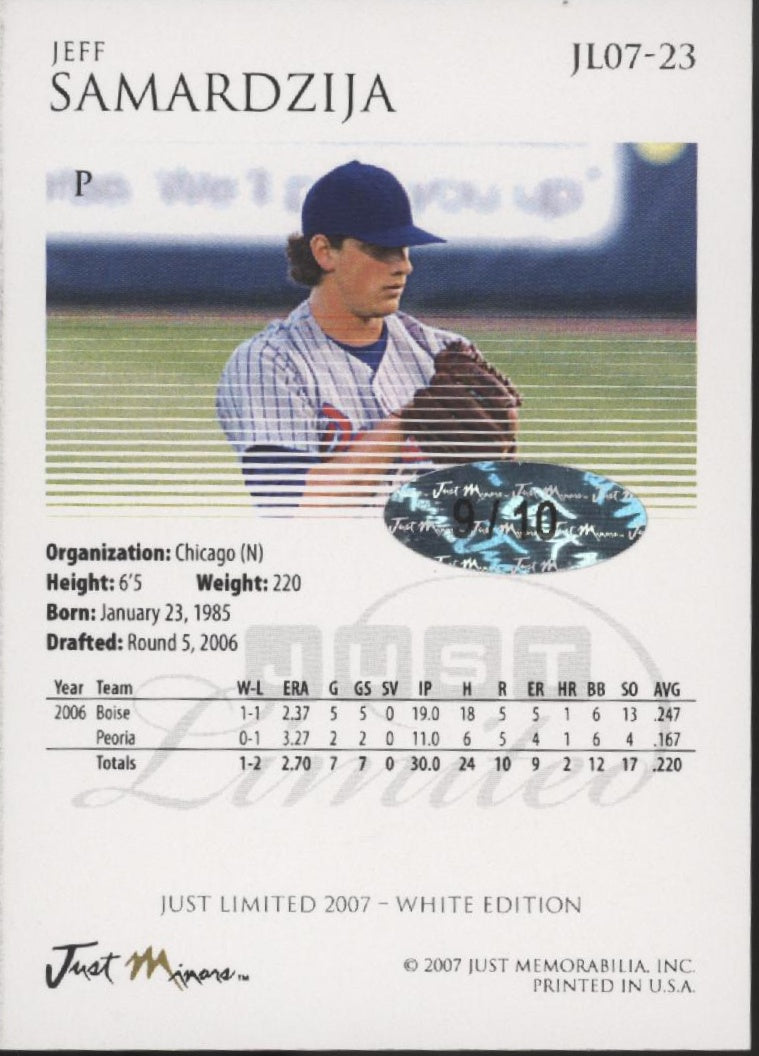 Jeff Samardzija 2007 Just Memorabilia Limited Auto 9/10 #JL07-23