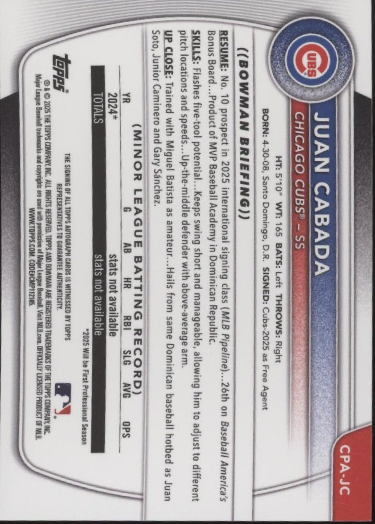Juan Cabada 2025 Bowman Chrome Prospects Auto #CPA-JC