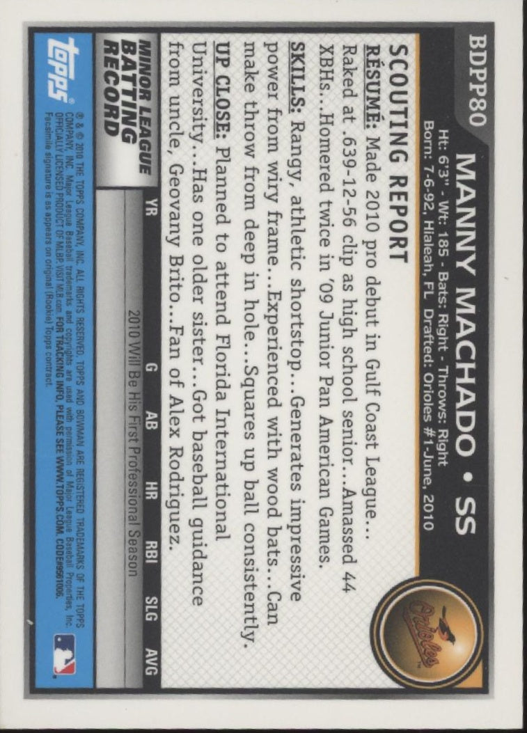 Manny Machado 2010 Bowman Gold Border #BDPP80