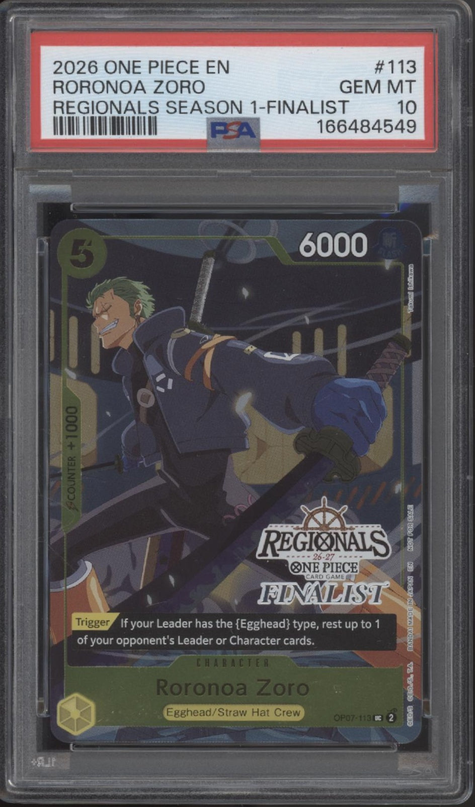 one piece card game roronoa zoro Regionals Season 1 Finalist #113 PSA 10 Ultimate Masters Emperors in the New Counts/Finish/Border:60/FullArt/No GAMMA PLAYTEST VISUAL SPOILER