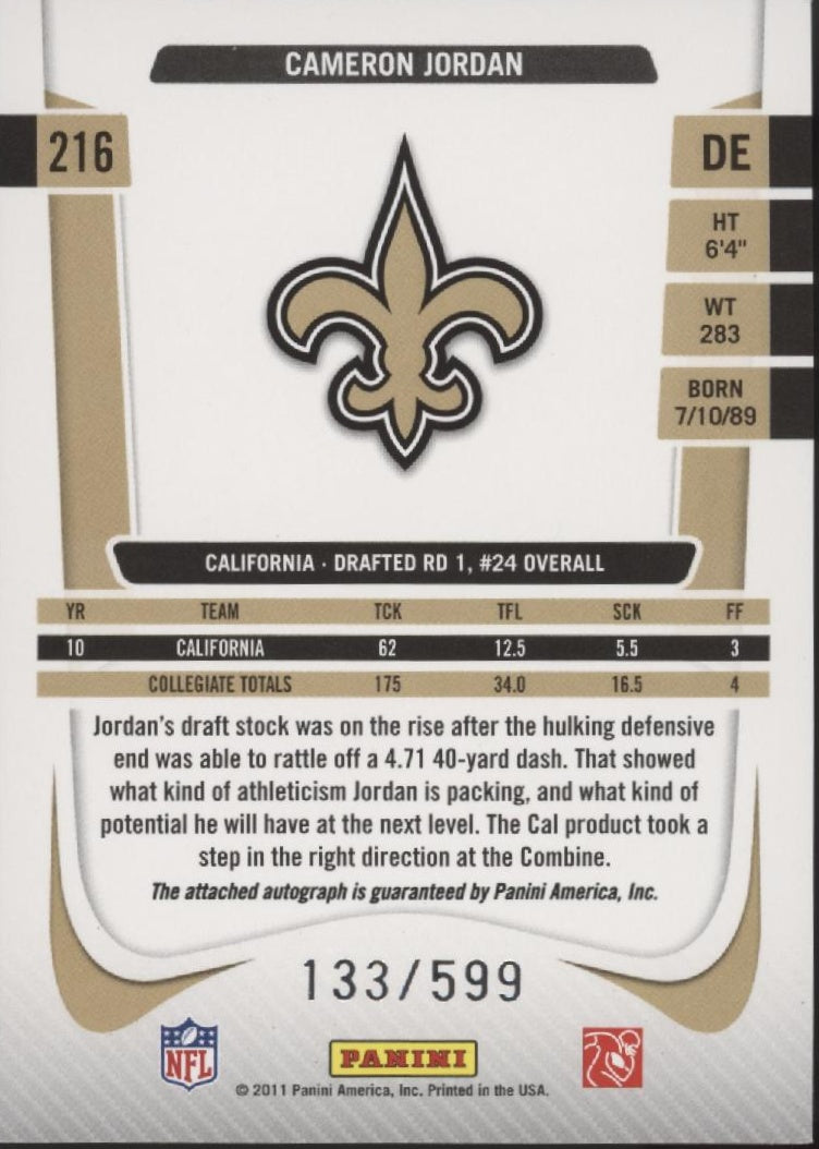 Cameron Jordan 2011 Panini Prestige Draft Picks RC Auto 133/599 #216