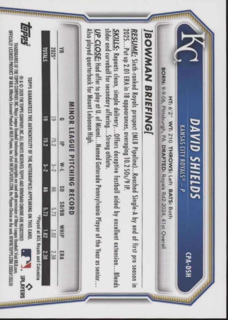 David Shields 2026 Bowman Chrome Auto #CPA-DSH