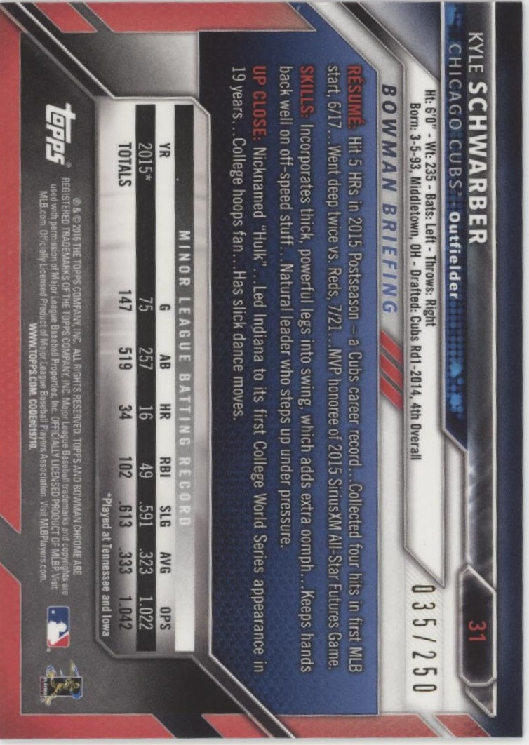 Kyle Schwarber 2016 Bowman Chrome Purple Refractor RC 035/250 #31