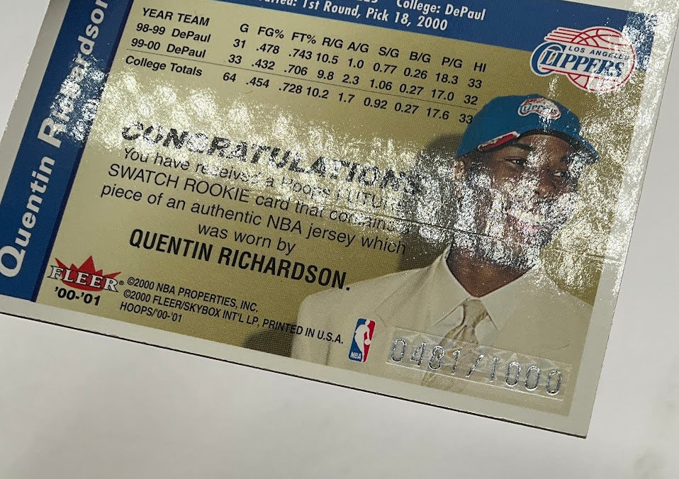 Quentin Richardson 2000-01 Fleer Hoops Hot Prospects Future Swatch RC 0481/1000