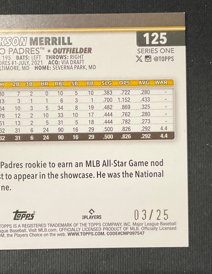 Jackson Merrill 2025 Topps Series 1 Orange Holo 03/25 #125 - Collector Store LLC