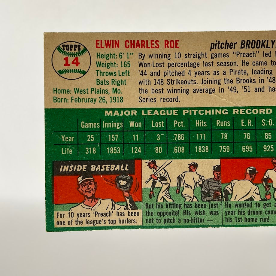 Preacher Roe 1954 Topps #14 Brooklyn Dodgers VG - Collector Store LLC