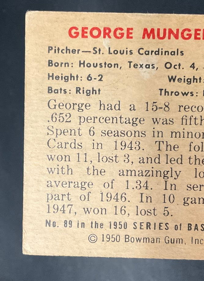 George Munger 1950 Bowman #89 St. Louis Cardinals VG-EX