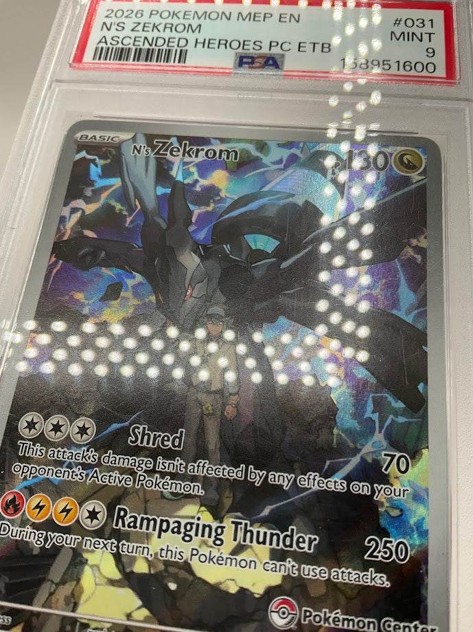 N's Zekrom Pokemon Ascended Heroes Pokemon Center Elite Trainer Box PSA 9