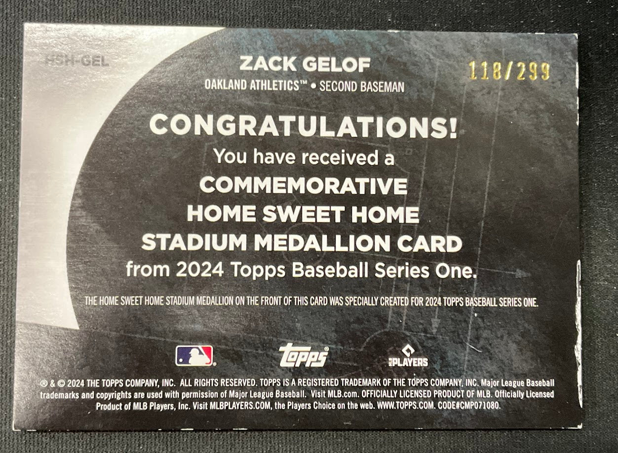 Zack Gelof 2024 Topps Series 1 Commemorative Home Sweet Home Medallion RC /299