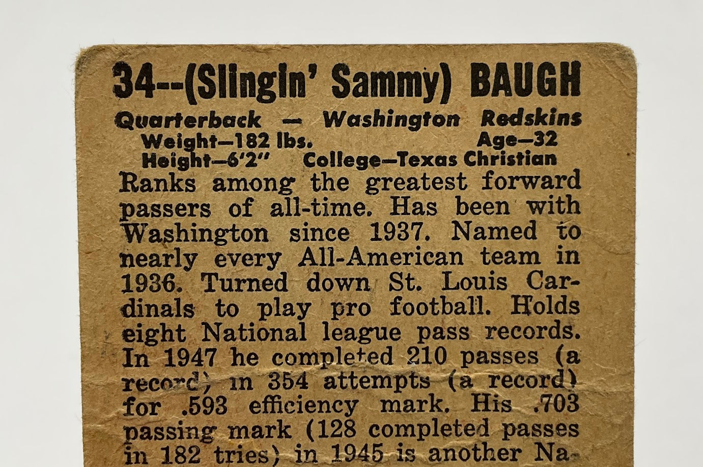 Sammy Baugh 1948 Leaf #34 Washington Redskins PR