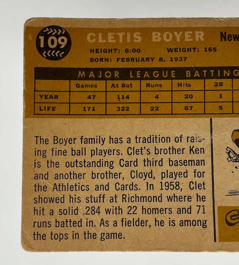 Cletis Boyer 1960 Topps #109 New York Yankees GD - Collector Store LLC