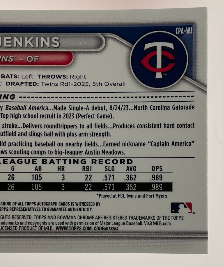 Walker Jenkins 2024 Bowman Chrome Blue Lunar Refractor Auto 016/150 #CPA-WJ