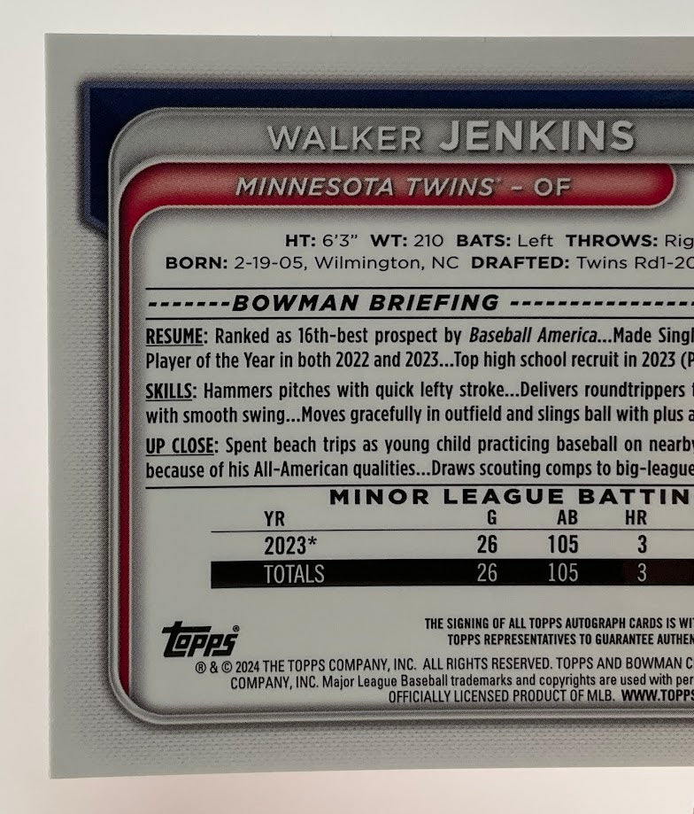Walker Jenkins 2024 Bowman Chrome Blue Lunar Refractor Auto 016/150 #CPA-WJ