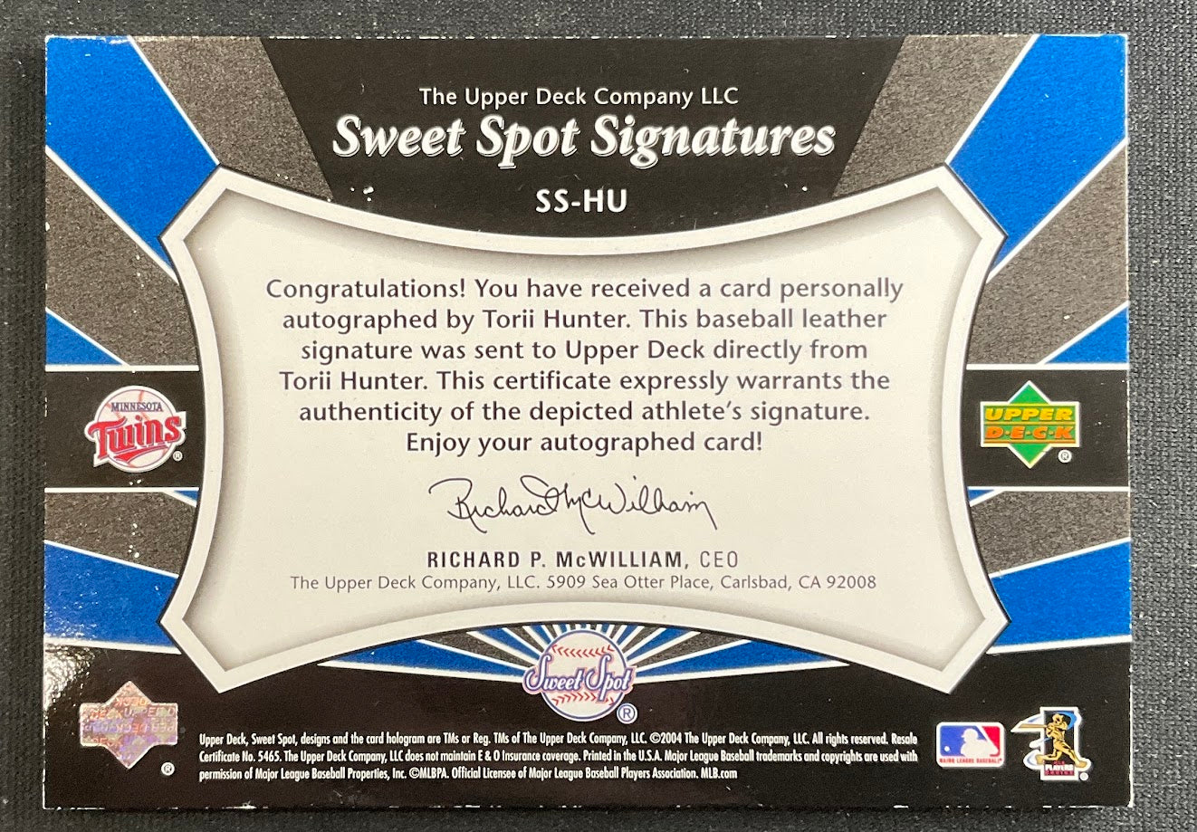 Torii Hunter 2004 Upper Deck Sweet Spot Signatures Ball Relic Auto #SS-HU