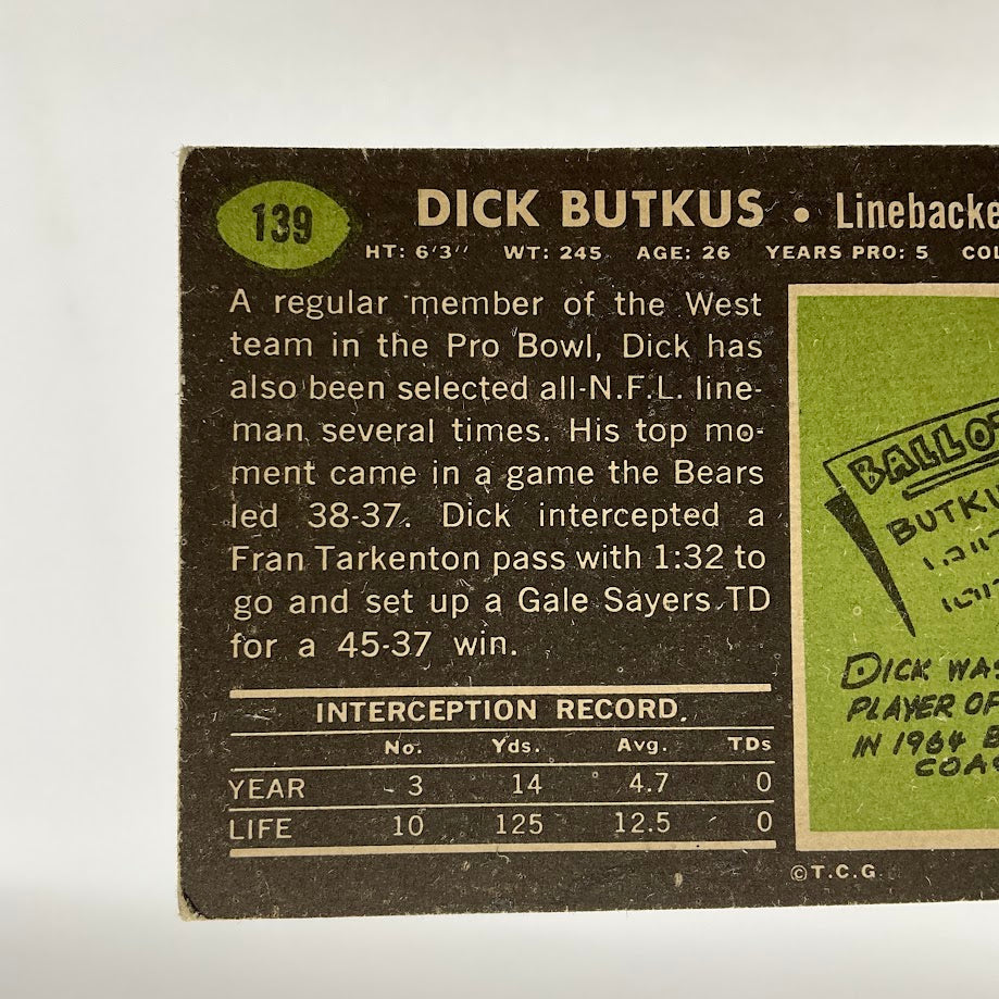 Dick Butkus 1969 Topps #139 Chicago Bears VG - Collector Store LLC