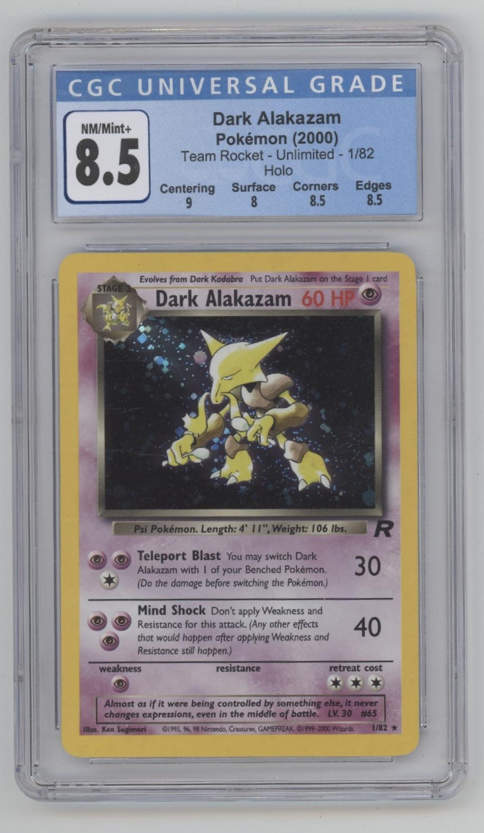 dark alakazam pokemon card Team Rocket Holo #1 CGC 8.5 the official authentication and Card | Set | Rating:Pinsir holo | Jungle | 7 Set Name: Adventures in psa 6
